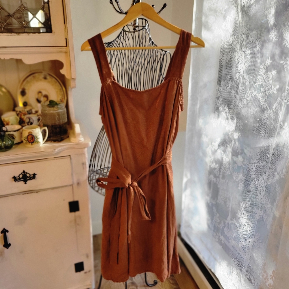 Linen Summer Sleevesless Dress With Waist Tie (Brown)